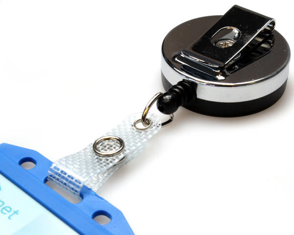 BLACK CHROME ID BADGE REELS WITH STRAP CLIP (PACK OF 50)