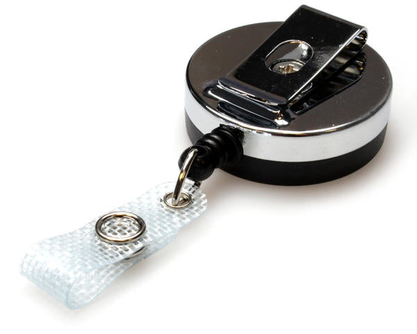 BLACK CHROME ID BADGE REELS WITH STRAP CLIP (PACK OF 50)