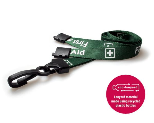 GREEN FIRST AID LANYARDS WITH PLASTIC J CLIP (PACK OF 100)