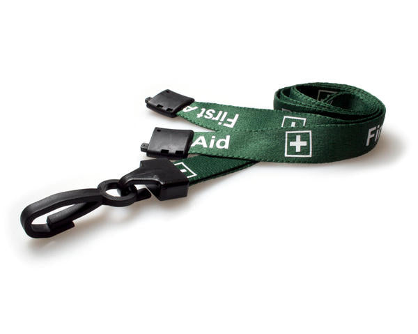 GREEN FIRST AID LANYARDS WITH PLASTIC J CLIP (PACK OF 100)